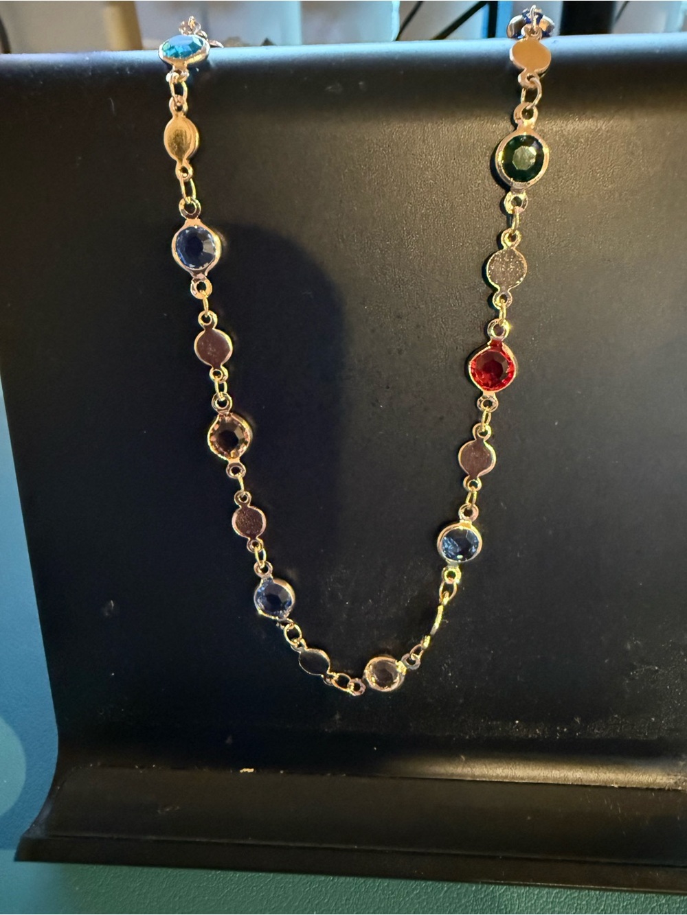 Gold Multicolor Glass Stone Station Necklace - Women Jewelry
